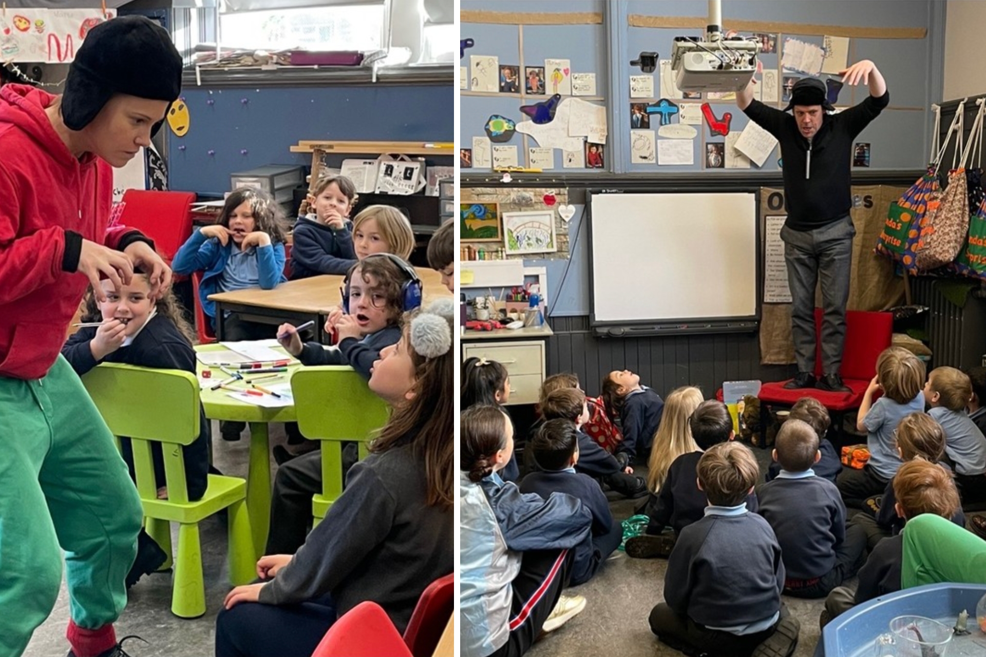 Two people pretend to be a bear in front of a class of primary school children.